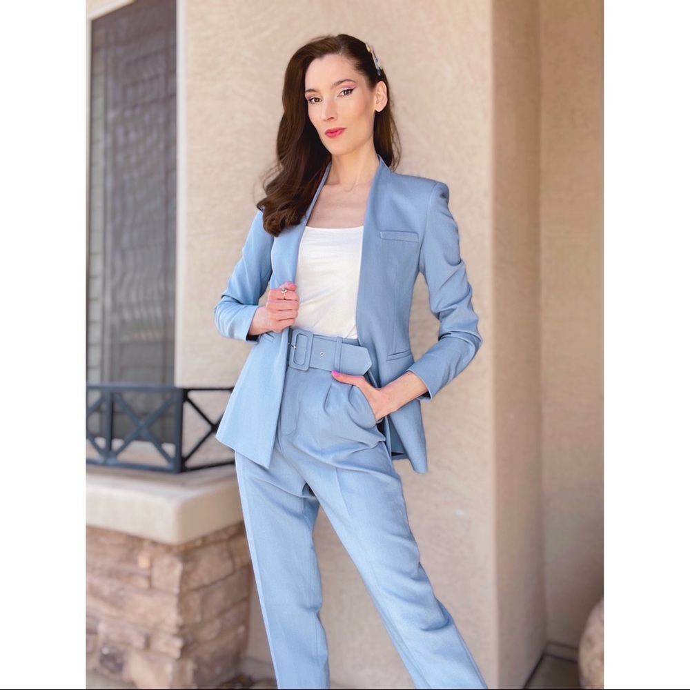💙SOLD ZARA 2 PIECE ✨NWT✨ Powder Blue Pantsuit Lapeless Blazer & Belted Pants - Picture 7 of 9